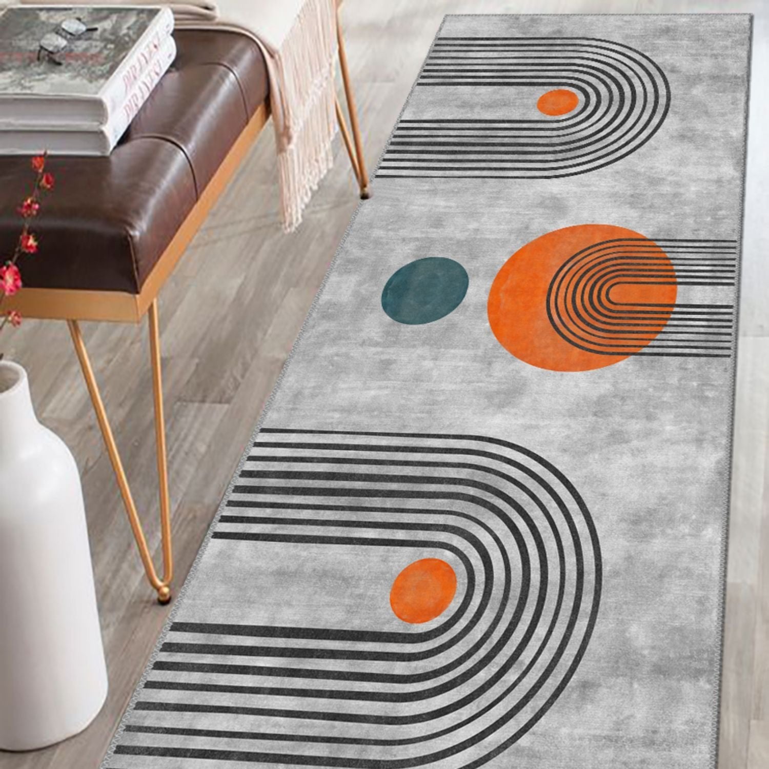 Modern abstract contemporary rug adding vibrancy to a minimalist room