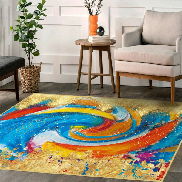 Abstract swirls rug bringing movement and energy to a contemporary living room