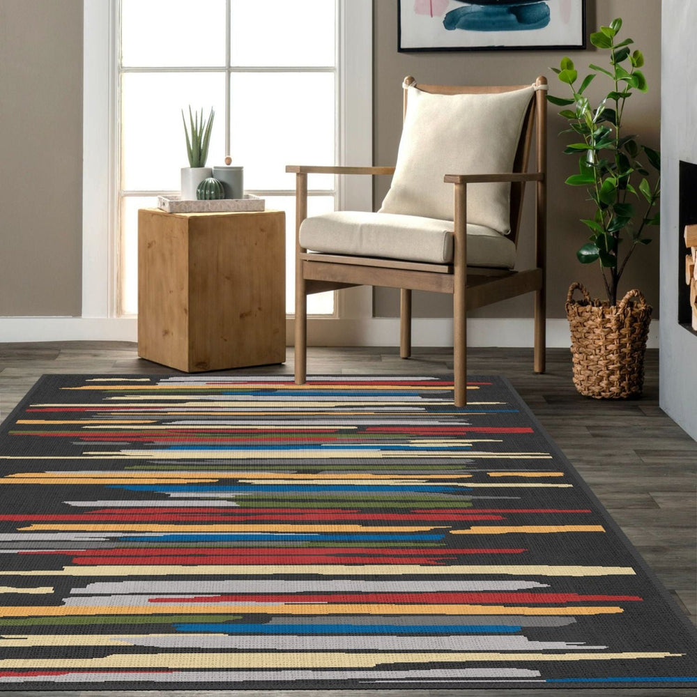 Spectrum Stripes Rug in a family-friendly room, machine-washable and hypoallergenic.