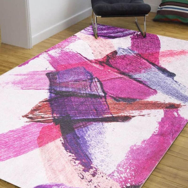 Colorful Artwork Rug with abstract design in a modern living room.