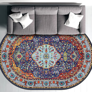 Antique-Style Floral Medallion Rug with Deep Reds and Vibrant Blues, Ideal for Living Room or Dining Room