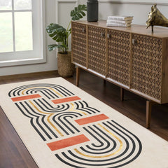 Art deco carpet adding a bold touch of vintage charm to a minimalist bedroom