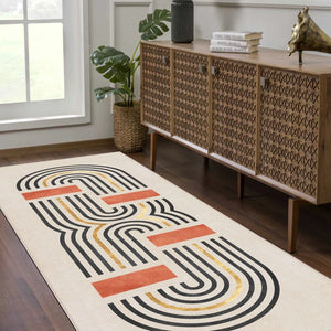 Art deco carpet adding a bold touch of vintage charm to a minimalist bedroom