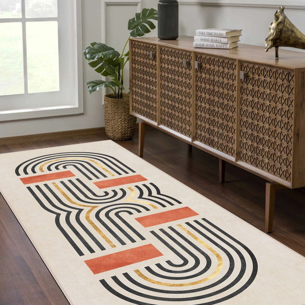 Art deco carpet adding a bold touch of vintage charm to a minimalist bedroom