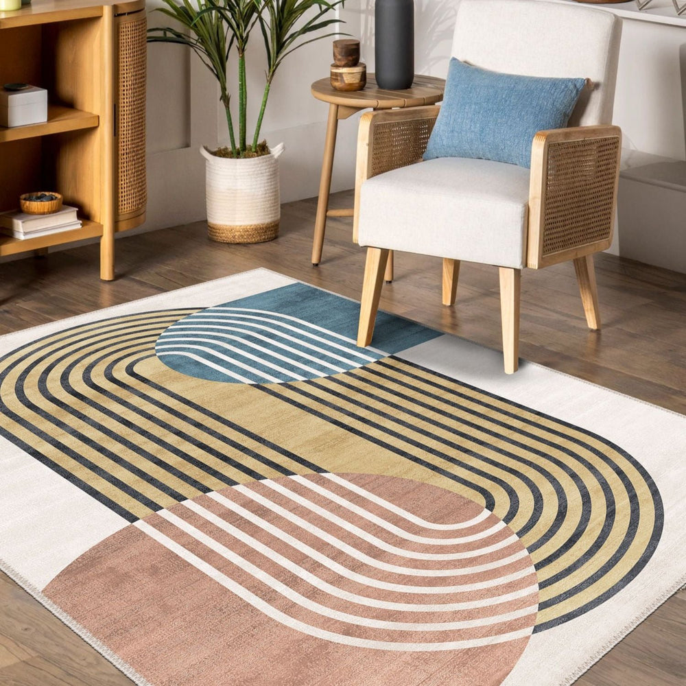 Statement art floor rug adding personality and warmth to an open space