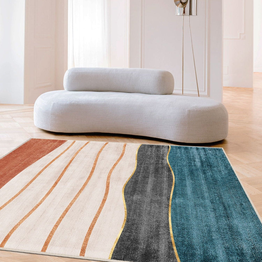 "Artistic Wave Rug with vibrant wave patterns in a modern living room."
