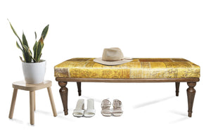 Bohemian Yellow Ottoman Bench Upholstered with Turkish Carpet – Rustic Handmade Home Accent
