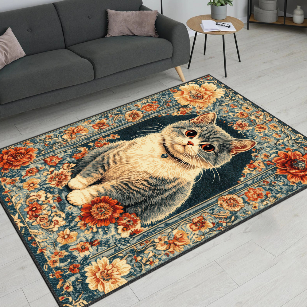 Charming Floral Rug with Cat Detail – A Must-Have for Pet Owners