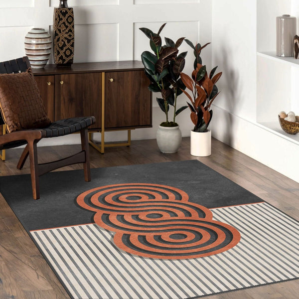 "Close-up of a bold modern rug with vibrant patterns and premium cotton texture"