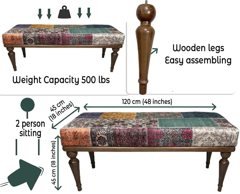 Vibrant patchwork upholstered bench with sturdy hornbeam wood legs.