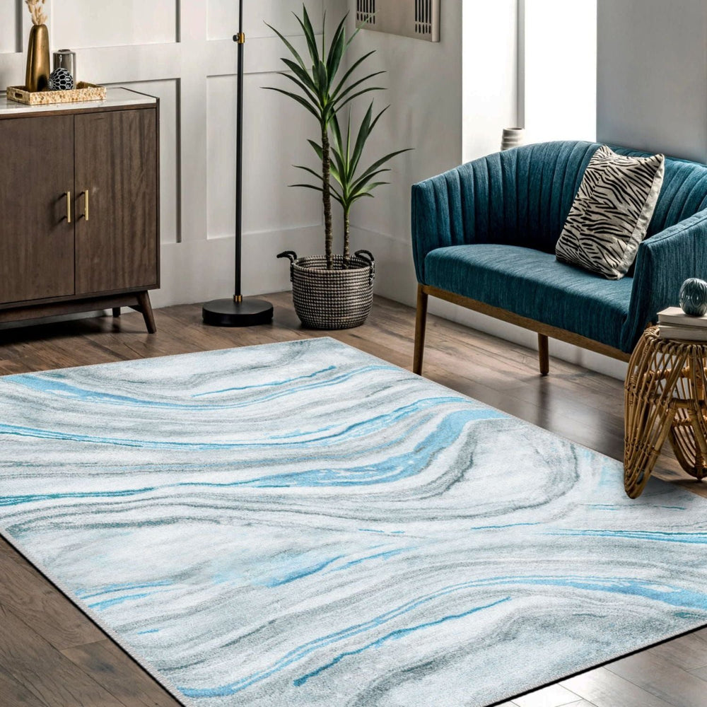 Machine-washable Blue Marble Rug, perfect for high-traffic areas