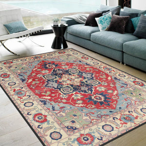 Close-up of the Oriental Kazak Rug detailing intricate tribal motifs in rich red, blue, and ivory colors