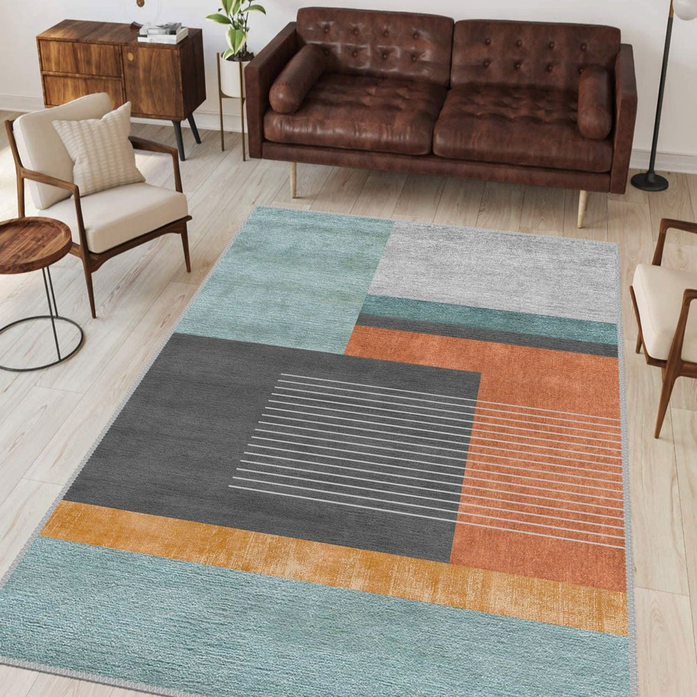 Modern geometric rug adding bold patterns and comfort to a minimalist bedroom