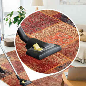 Custom-sized Ethnic Patchwork Rug perfectly accenting a home office with global decor.