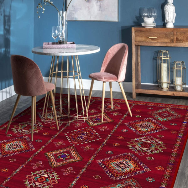 Detail of the plush texture of the Rich Red Rug, ideal for elegant interiors.