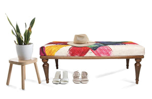 Detailed dimensions and vibrant fabric of the Colorful Ottoman Bench