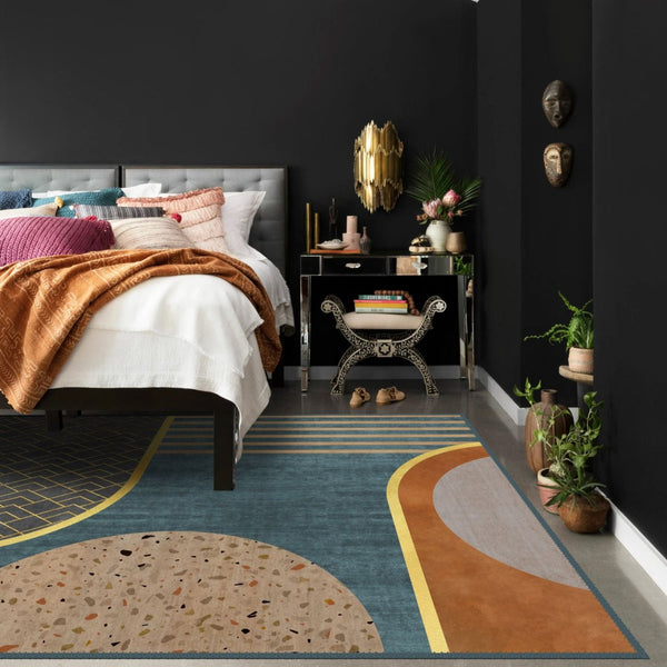 Detailed shot of a vibrant bedroom abstract rug showcasing its unique design