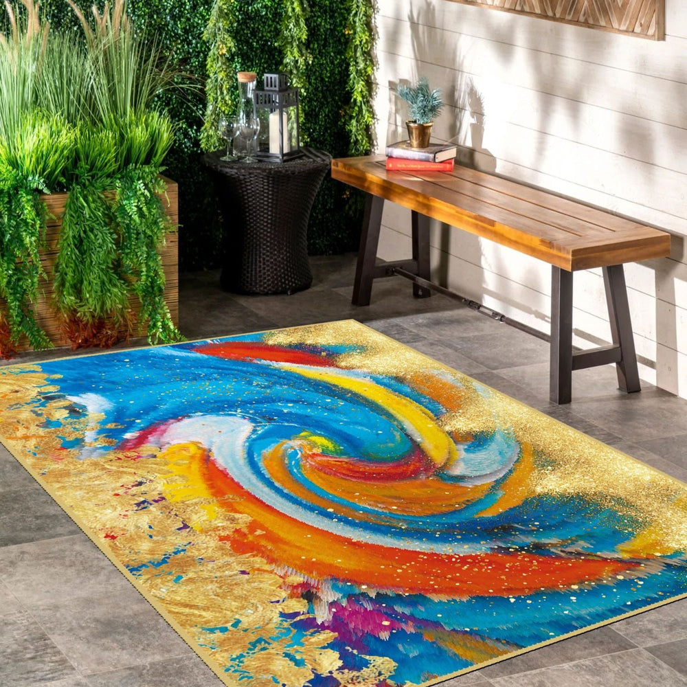 Abstract swirls rug bringing movement and energy to a contemporary living room