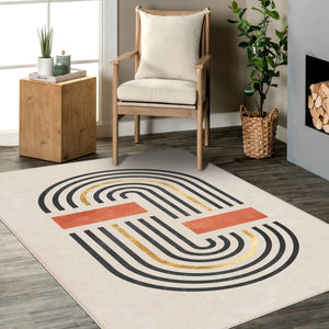 Detailed view of an art deco carpet showcasing bold geometric patterns and soft cotton