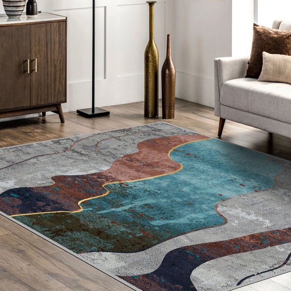 Detailed view of an oil painting rug with brushstroke-inspired patterns