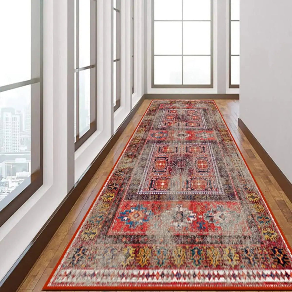 Oriental Distressed Rug in deep red with vintage-style patterns