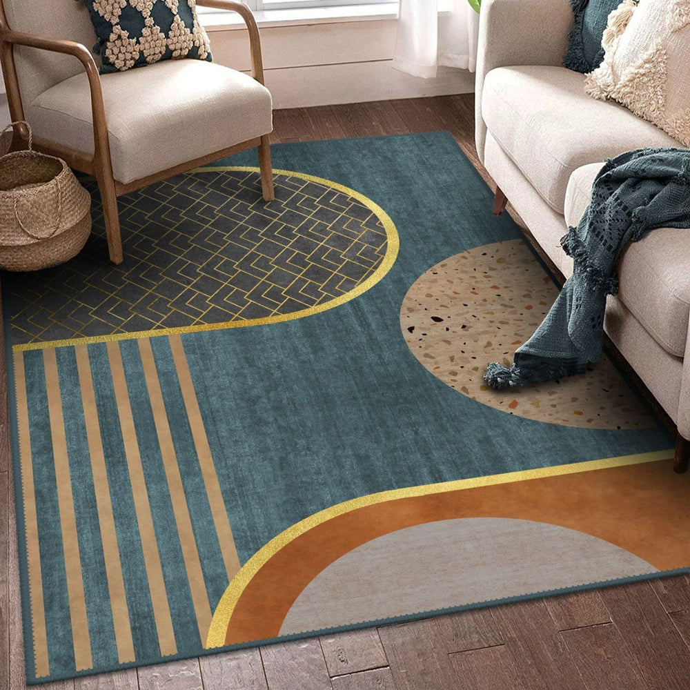 Detailed shot of a vibrant bedroom abstract rug showcasing its unique design