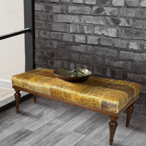 Handmade Yellow Ottoman Bench with Oriental Turkish Carpet Upholstery – Antique-Style Seating
