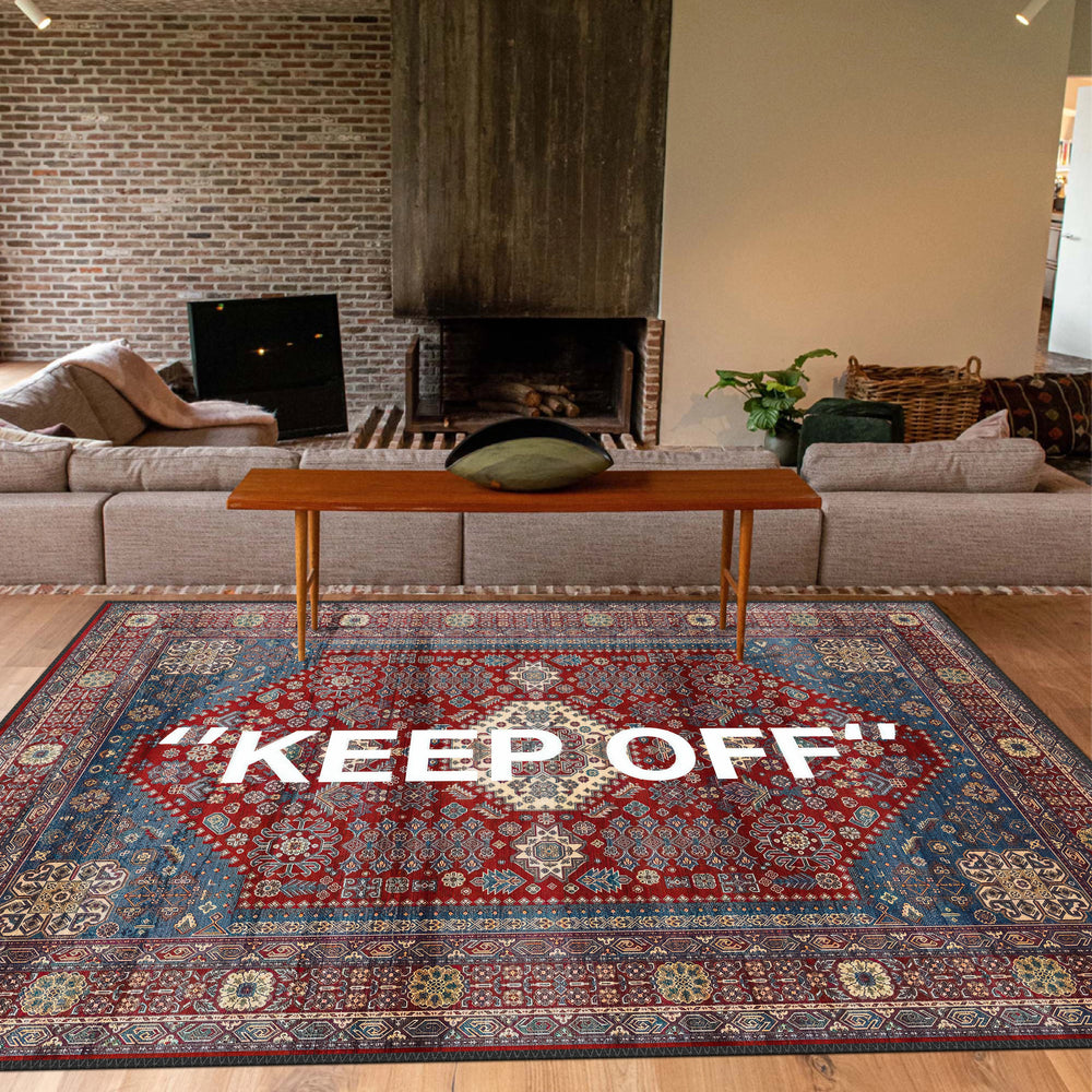 Exclusive Oriental Rug with Bold 'KEEP OFF' Statement Design