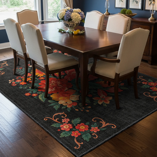 Bold Floral Rug on Dark Base – KL 354