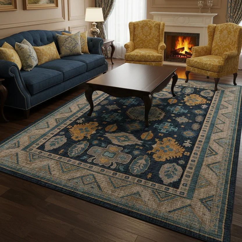 Navy Background Heritage Rug – Elegant Washable Cotton Rug