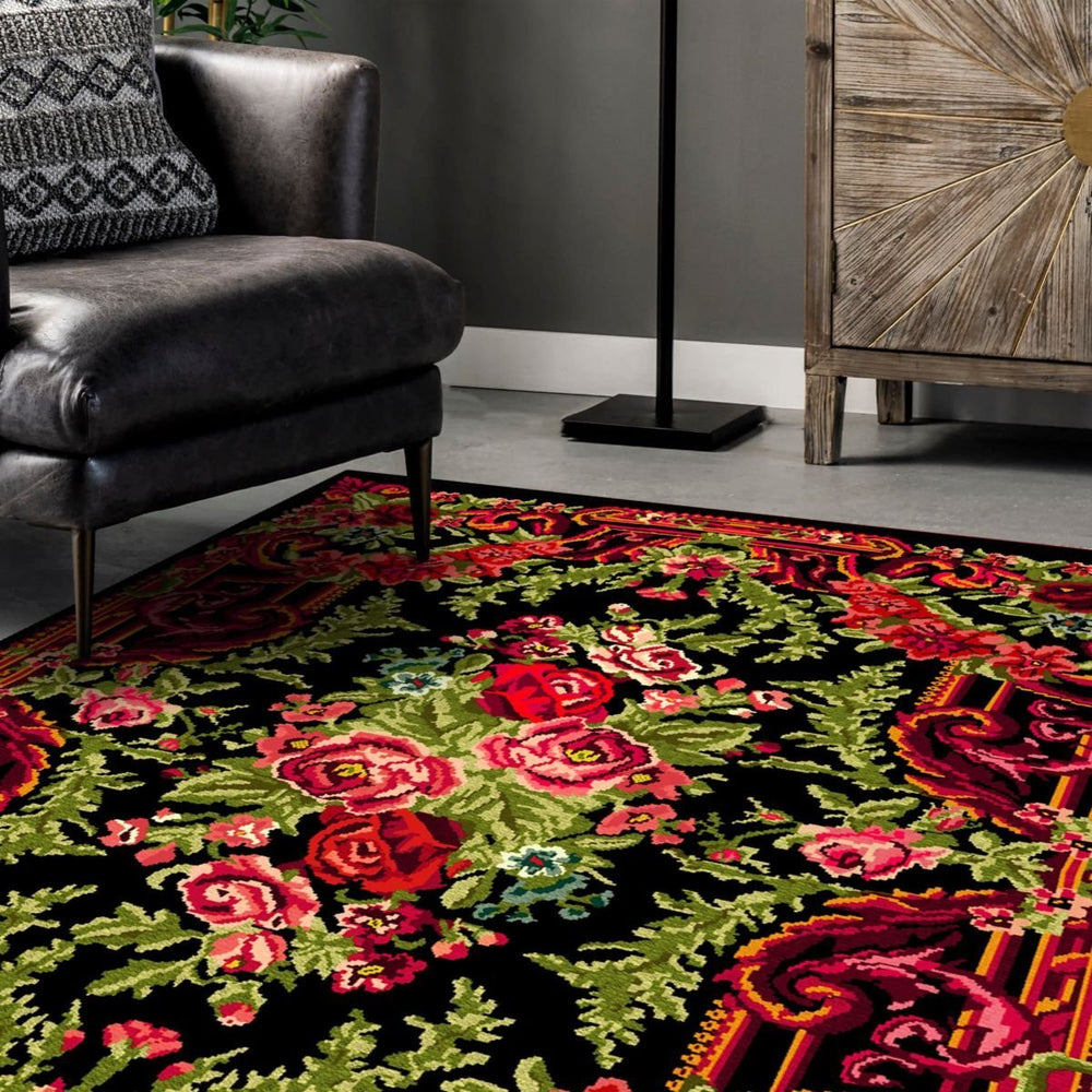 Close-up of the Karabagh Floral Rug’s bold colors and detailed floral motifs.