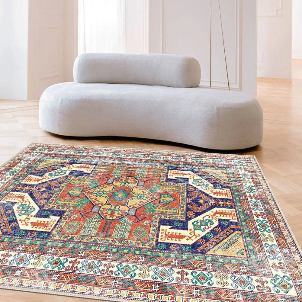 Kazakh Runner Rug enhancing the decor in a cozy living room