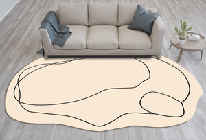 Large irregular shaped rug in a contemporary dining room