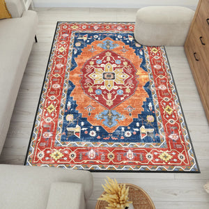 Masterful Weaving: Elegant Rug with Central Medallion and Sophisticated Floral Embellishments in Orange and Blue