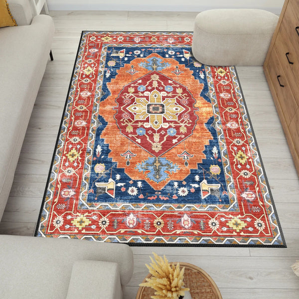 Masterful Weaving: Elegant Rug with Central Medallion and Sophisticated Floral Embellishments in Orange and Blue