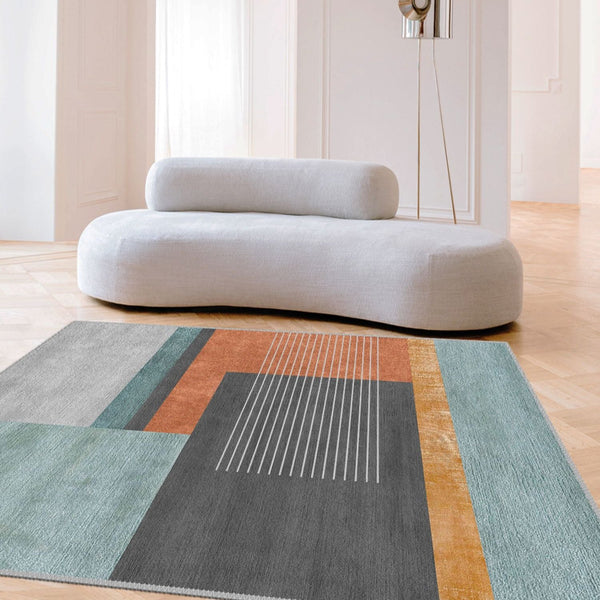Modern geometric rug adding bold patterns and comfort to a minimalist bedroom