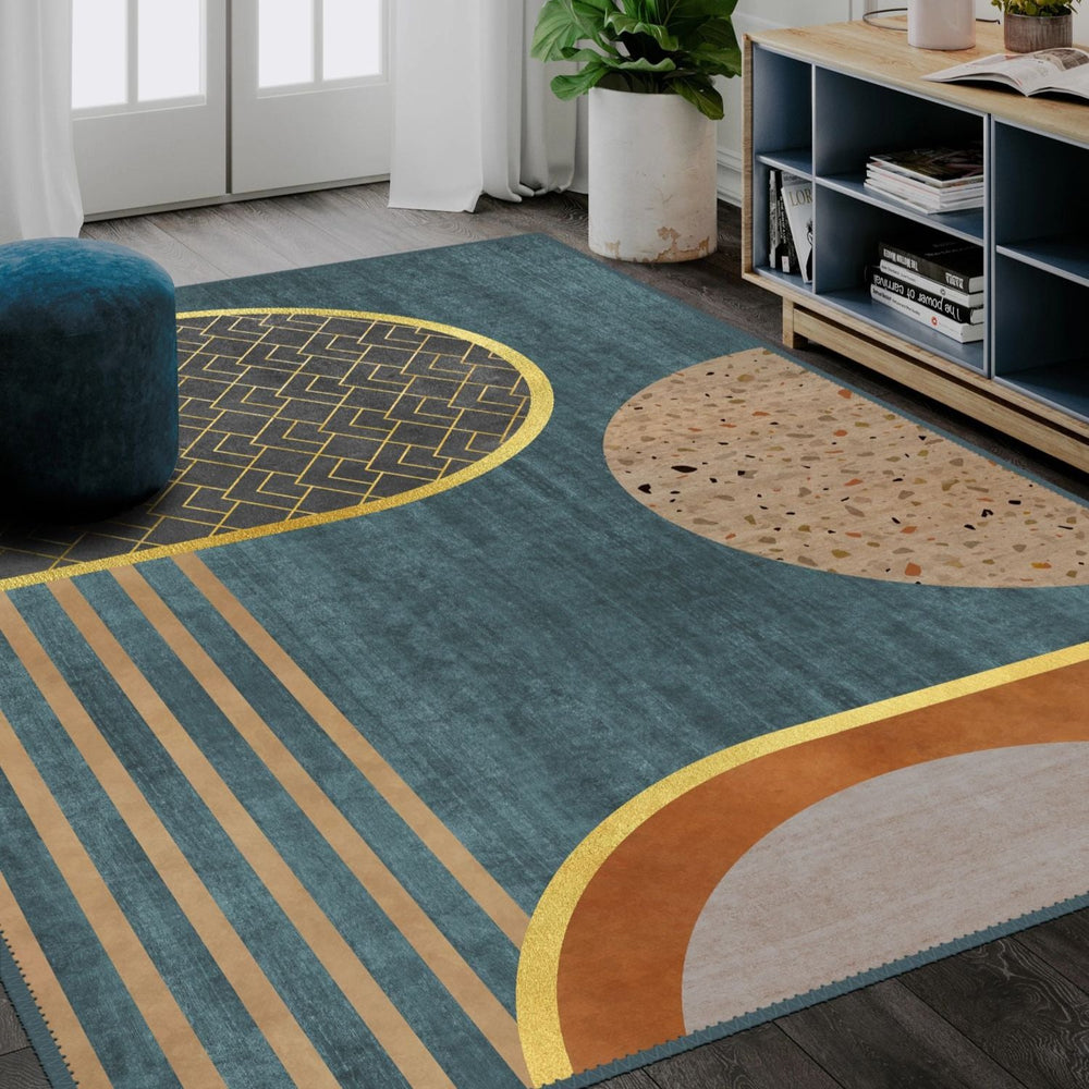Bold kitchen abstract rug bringing color and energy to a modern kitchen