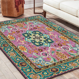 Opulent Bohemian Medallion Rug in Pink and Teal - Art for Your Floor