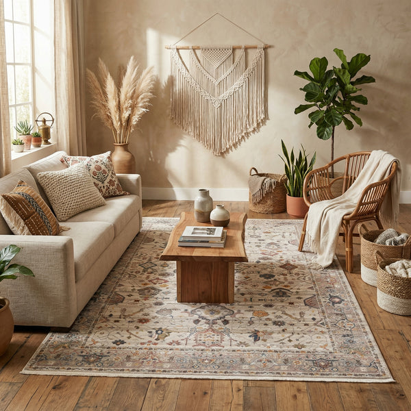 Soft Beige Ethnic Woven Carpet - PT 01