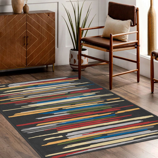 Spectrum Stripes Rug with vibrant multicolored stripes in a modern living room