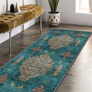Teal Eco-Inspired Rug with Golden Leaves – Sustainable Style
