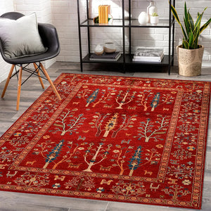 Traditional Handcrafted Red Oriental Rug with Exquisite Animal and Floral Motifs - Perfect for Elegant Home Decor

