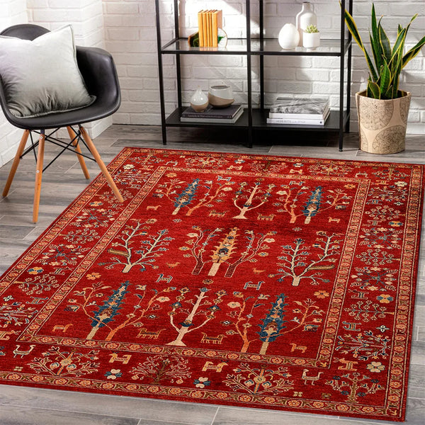Traditional Handcrafted Red Oriental Rug with Exquisite Animal and Floral Motifs - Perfect for Elegant Home Decor

