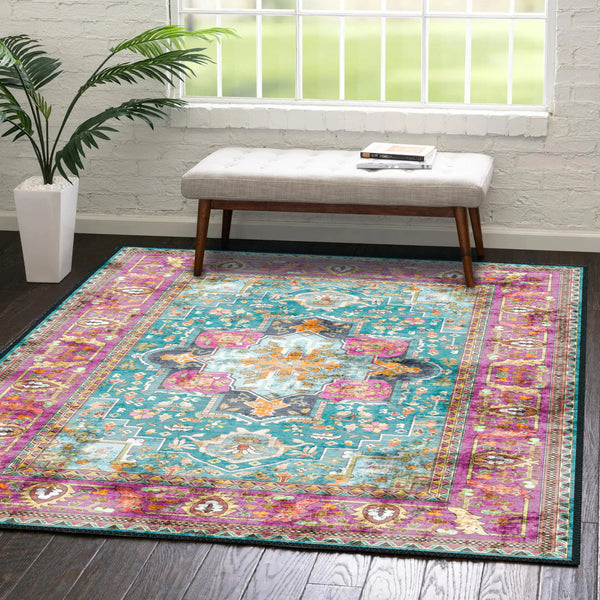 Turquoise and Pink Medallion Rug - An Opulent Addition to Any Room
