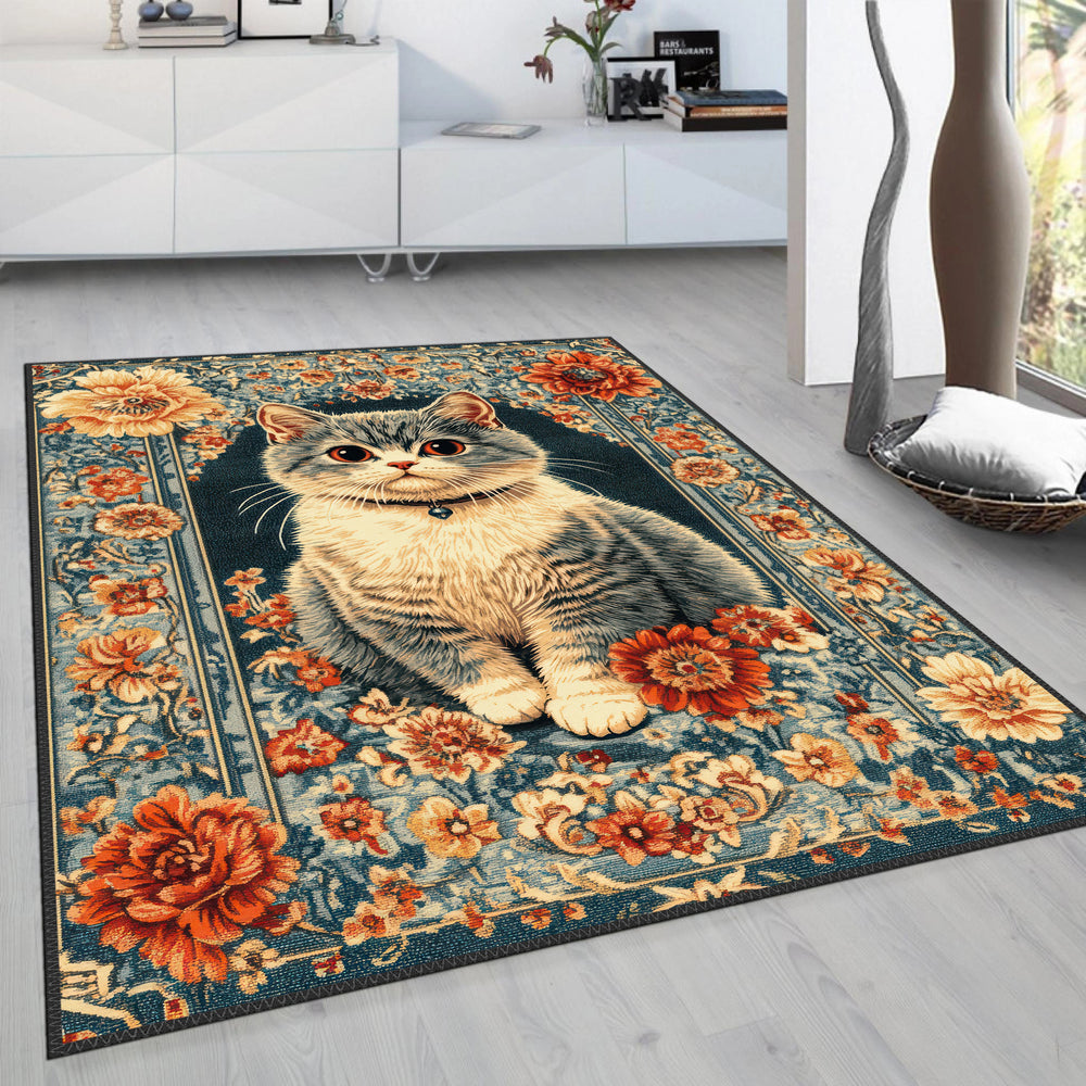 Charming Floral Rug with Cat Detail – A Must-Have for Pet Owners