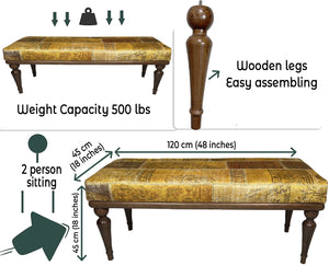 Yellow Turkish Rug Ottoman Bench – Handcrafted Wooden Seating for Living Room & Entryway

