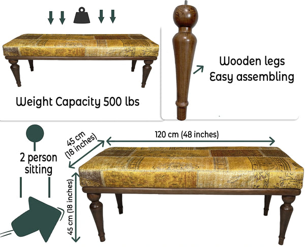 Yellow Turkish Rug Ottoman Bench – Handcrafted Wooden Seating for Living Room & Entryway
