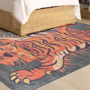 Vibrant Tiger Rug with bold tiger pattern in a modern living room.