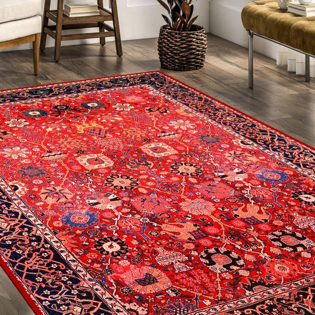 Oriental Red Rug with intricate patterns in a luxurious living room