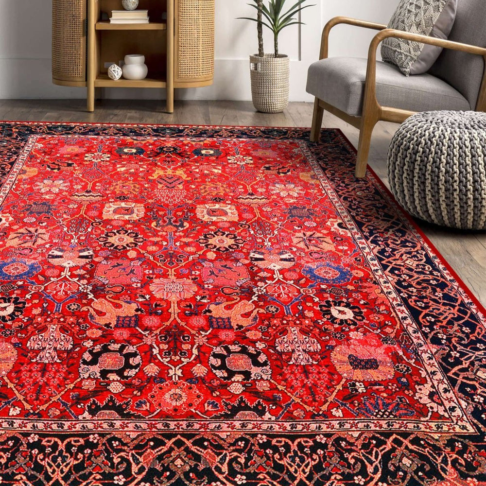 Close-up of Oriental Red Rug showcasing its vibrant red color and detailed designs